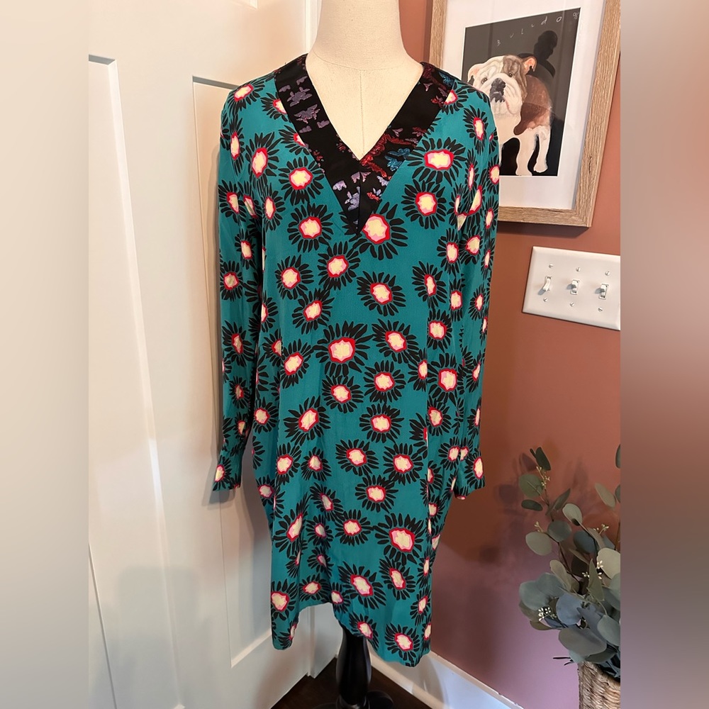 Tucker 100% silk long sleeve vneck teal floral black zipper pocket L tunic/dress